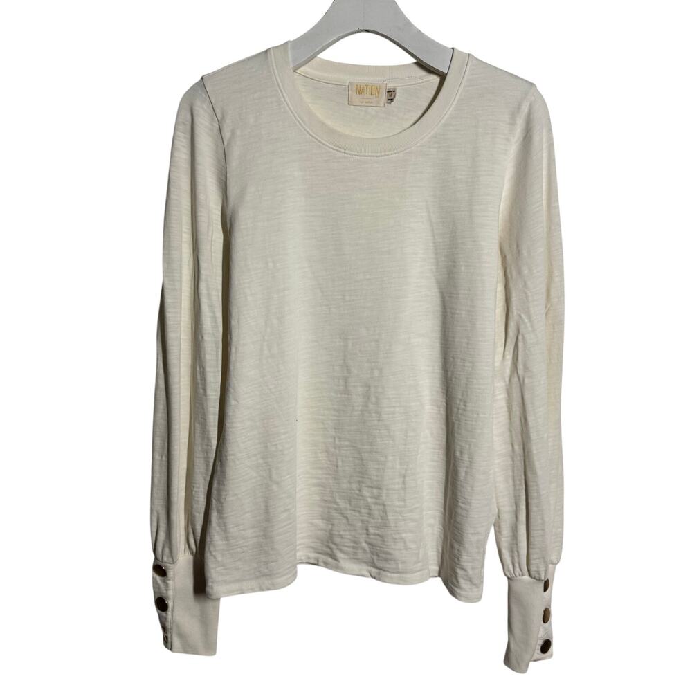 Nation LTD Quite Luxury Minimal Coastal 100% Cotton Top Cream Gold Button Modest